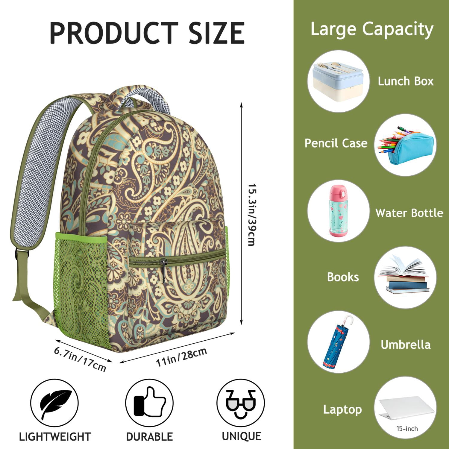 Elegant Paisley Boho Design Backpack - Waterproof & Durable Bookbag with Spinal Support for Students
