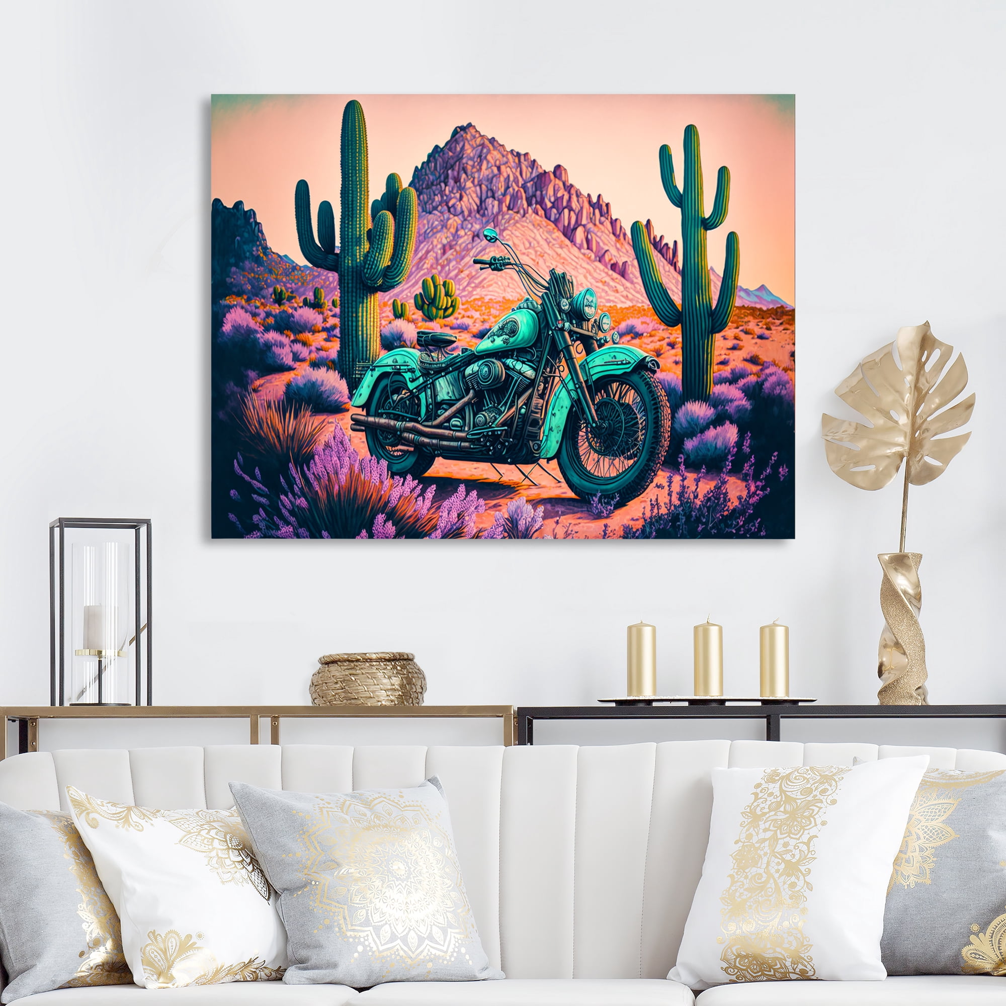 Designart Motorcycle Parked In The Desert V Canvas Wall Art