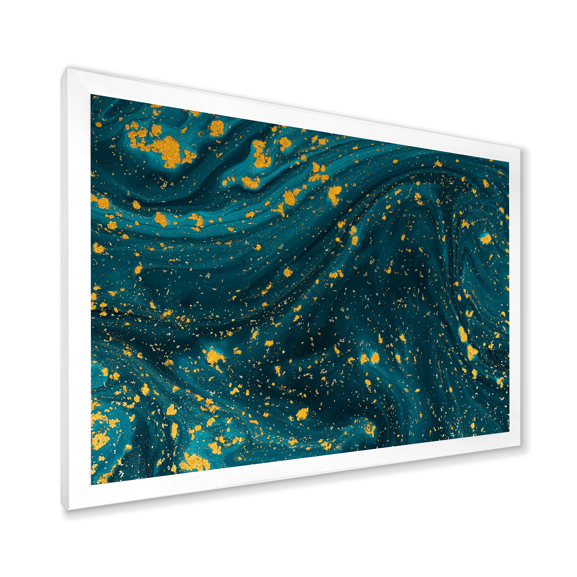 Designart 'Golden Glitter With Dark Blue Marble' Modern Framed Art Print