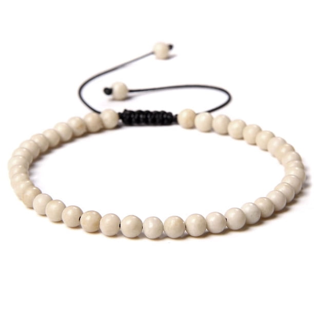Nvzi Pulsera de cuentas hecha a mano, pulsera de cuentas finas de 4 mm, pulsera tejida ajustable hecha a mano con cuentas de piedra natural (amarillo y blanco)
