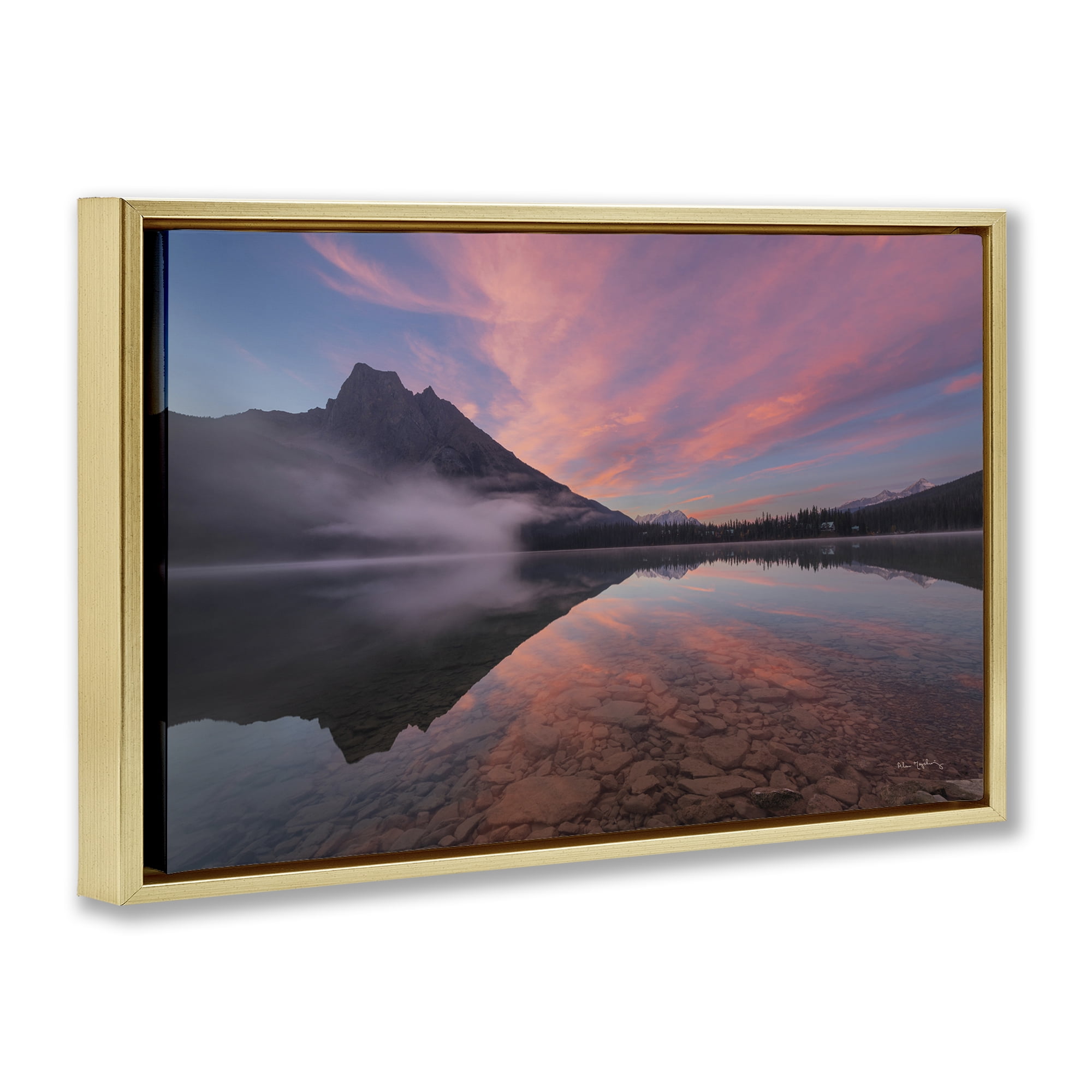 Stupell Industries Emerald Lake Sunset Landscape & Nature Photography Gold Floater Framed Canvas Art Print Wall Art, 31 x 21