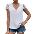 thumbnail image 1 of Blusa con cuello en V para mujer, ribete de encaje, manga corta, botón frontal, Top de punto Jacquard para verano, blanco S, 1 of 8