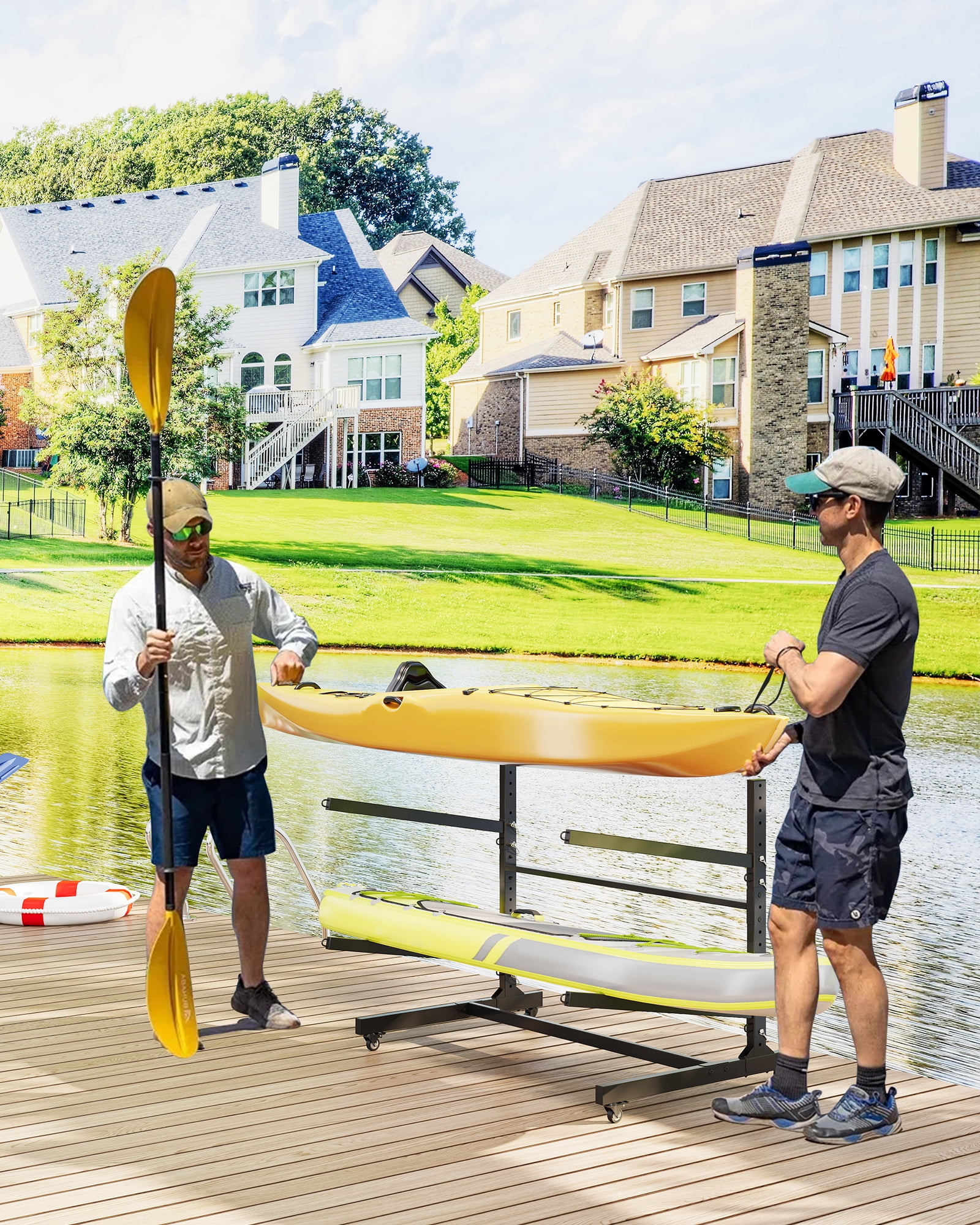 Mescukay Freestanding Kayak Storage Rack for 2 Kayaks, Outdoor Kayak Storage Racks with Wheels, Kayak Stand Heavy Duty Storage for Canoe, SUP and Surfboard