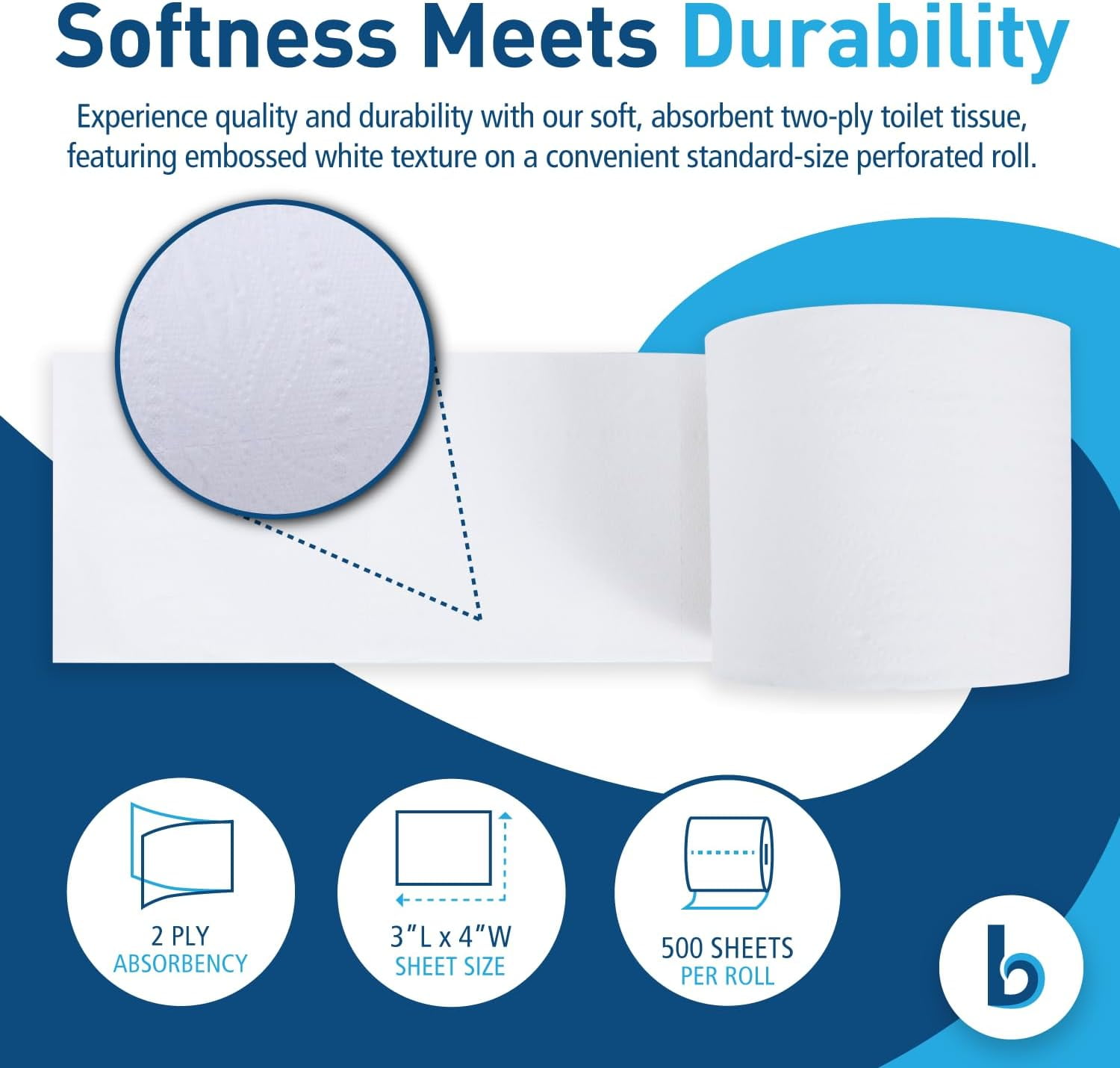 Party 2-Ply Bathroom Toilet Paper Tissue, Septic Safe, 500 Sheets/Roll, Bulk Quantity 96 Rolls/Carton, 4" x 3", White
