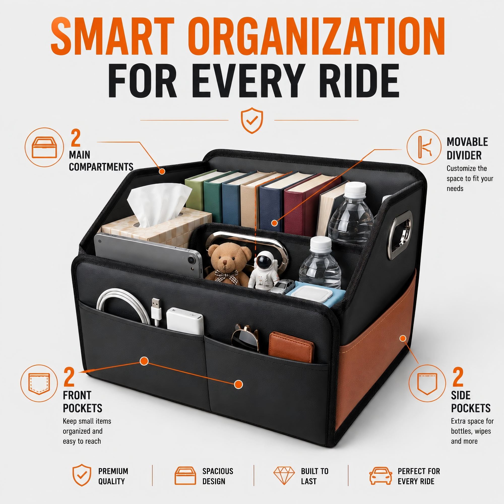 Noaman Leather Car Seat Organizer for Front & Back Seats with 6 Compartments & 3 Handles – Black & Brown