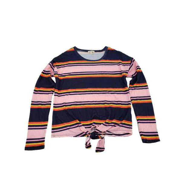Urbanology - Womens Pink & Navy Blue Stripe Tie Front Long Sleeve T ...