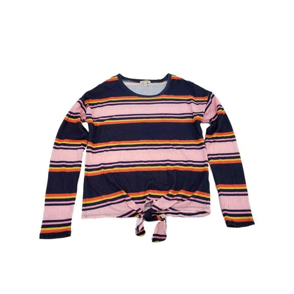 Womens Pink & Navy Blue Stripe Tie Front Long Sleeve T-Shirt Tee Shirt Top S