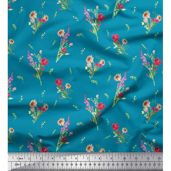 Soimoi Blue Moss Georgette Fabric Clover Leaves Floral Print Sewing Fabric Yard 44 Inch Wide