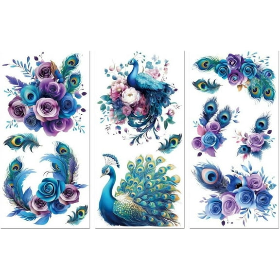 Rub on Transfer Decal Sticker for Furniture Craft Decor 6"x12" Colorful Peacock Feather and Flower 3Pcs Waterproof UV DTF Transfer for Lingerie Chests Drawer Dresser Glass Porcelain Wood Colorful