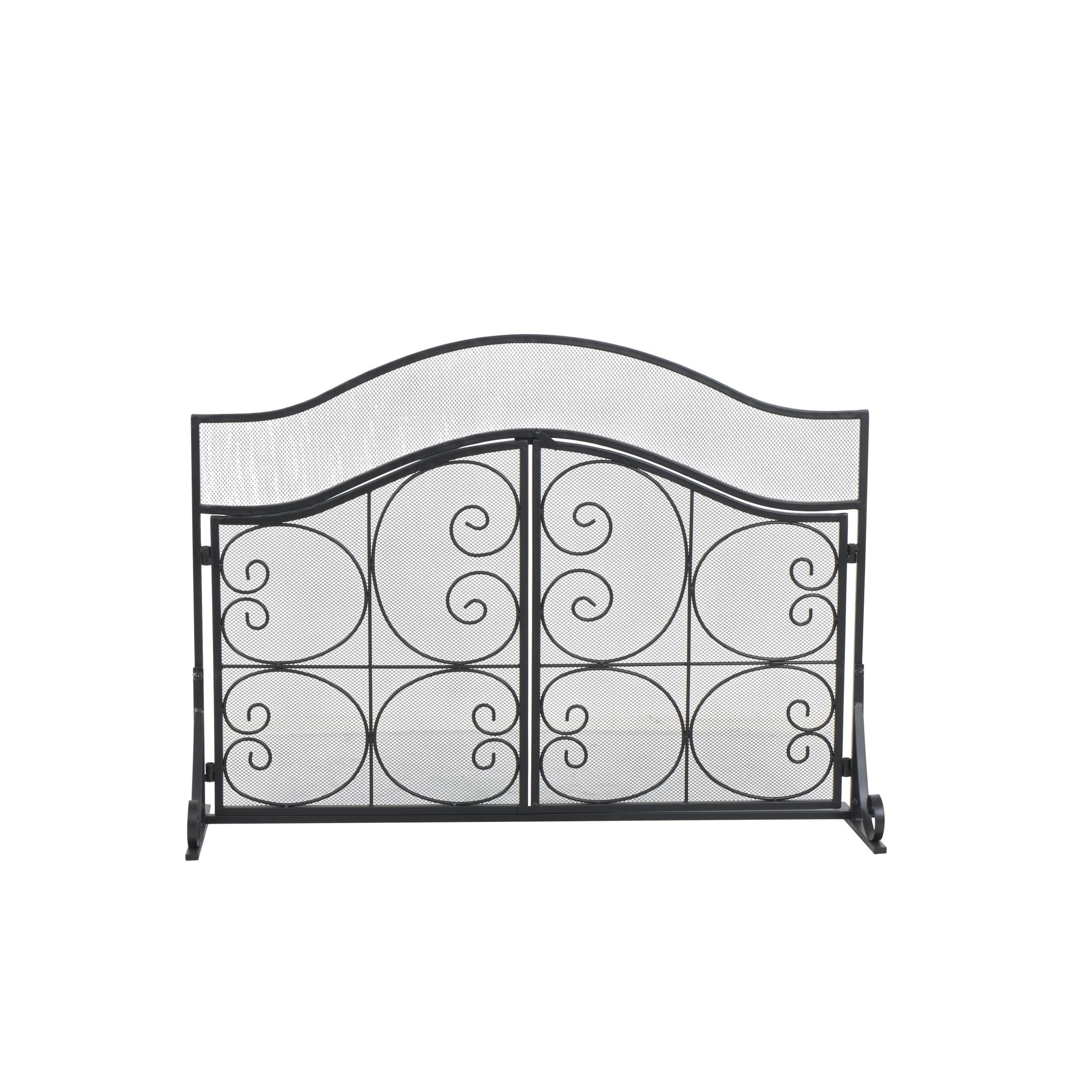 DecMode 41" x 30" Black Metal Arched 1 Panel 2 Door Scroll Fireplace Screen with Mesh Backing, 1-Piece