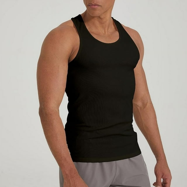 pstuiky Camisetas sin mangas para hombre, Camiseta deportiva de color liso acanalada de alta elasticidad para hombre, cuello redondo, tirantes para el hombro, musculosa Tops elegantes para mujer m