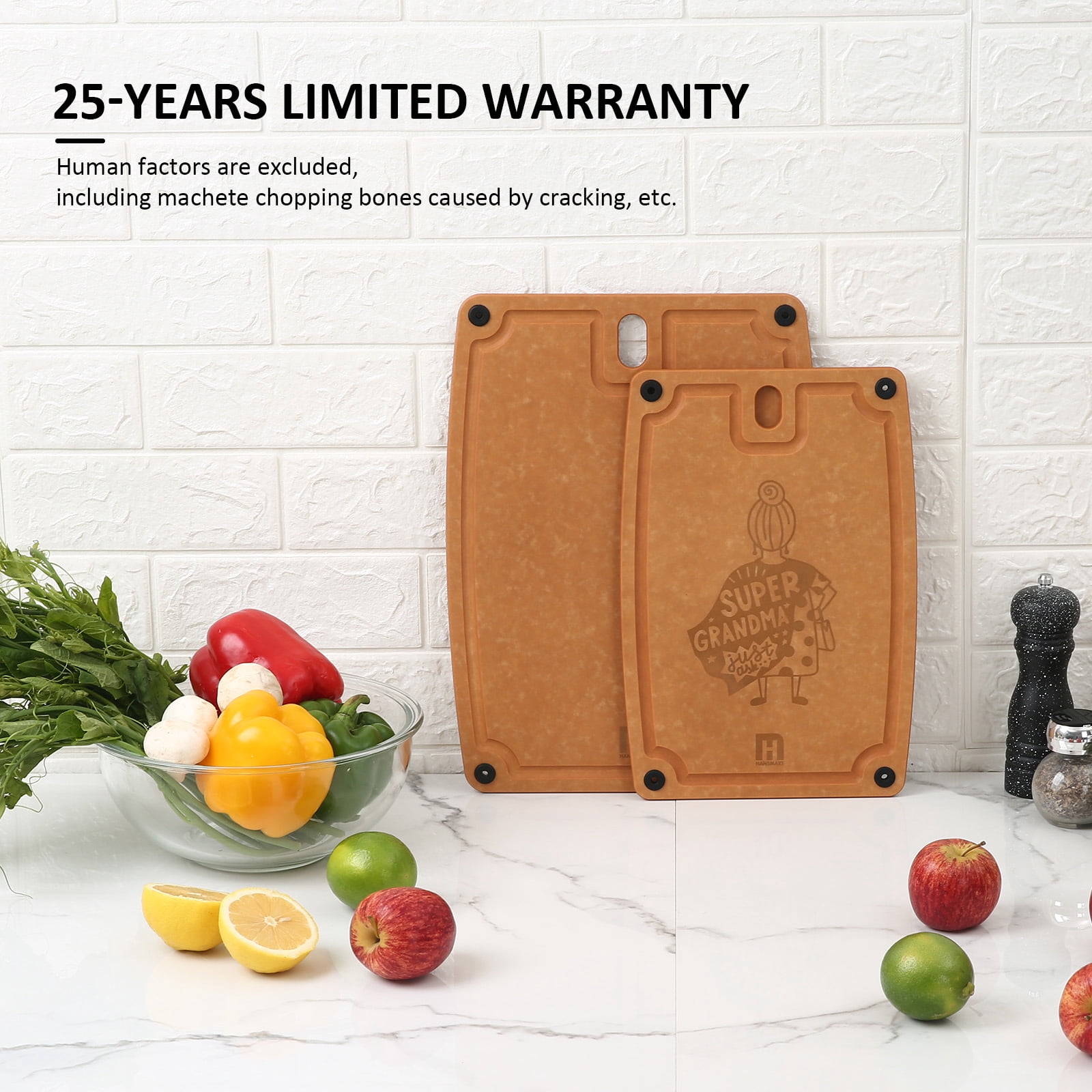 Hansmart Set of 2 Eco-Friendly Cutting Boards with Handles & Juice Grooves, Dishwasher Safe, Medium & Large