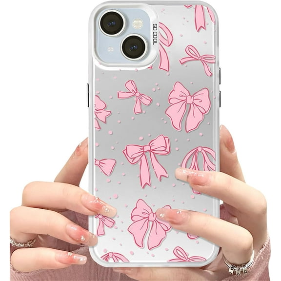 Compatible for iPhone 15 Case Glitter Laser Cute Bow Knot Ribbon Pattern Aesthetic Design Women Teen Girls Camera Lens Protection Phone Case - Pink