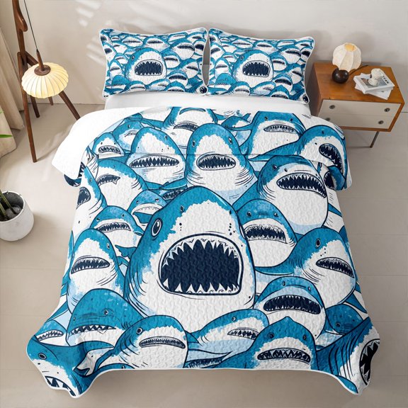 meiyoeat Cute Shark Quilt Full,Kawaii Ocean Animal Full Bedspread Sets For Boys Kids,3 Pieces
