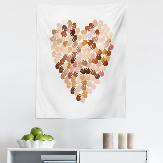 Hearts Tapestry, Heart Shape Image Filled with Colorful Hand Prints Open Palms for Unity and Empathy, Fabric Wall Hanging Decor for Bedroom Living Room Dorm, 5 Sizes, Multicolor, by Ambesonne