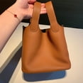 thumbnail image 1 of new color matching vegetable basket bag genuine leather bucket bag litchi pattern first layer cowhide simple all-match portable women‘s bag, 1 of 6