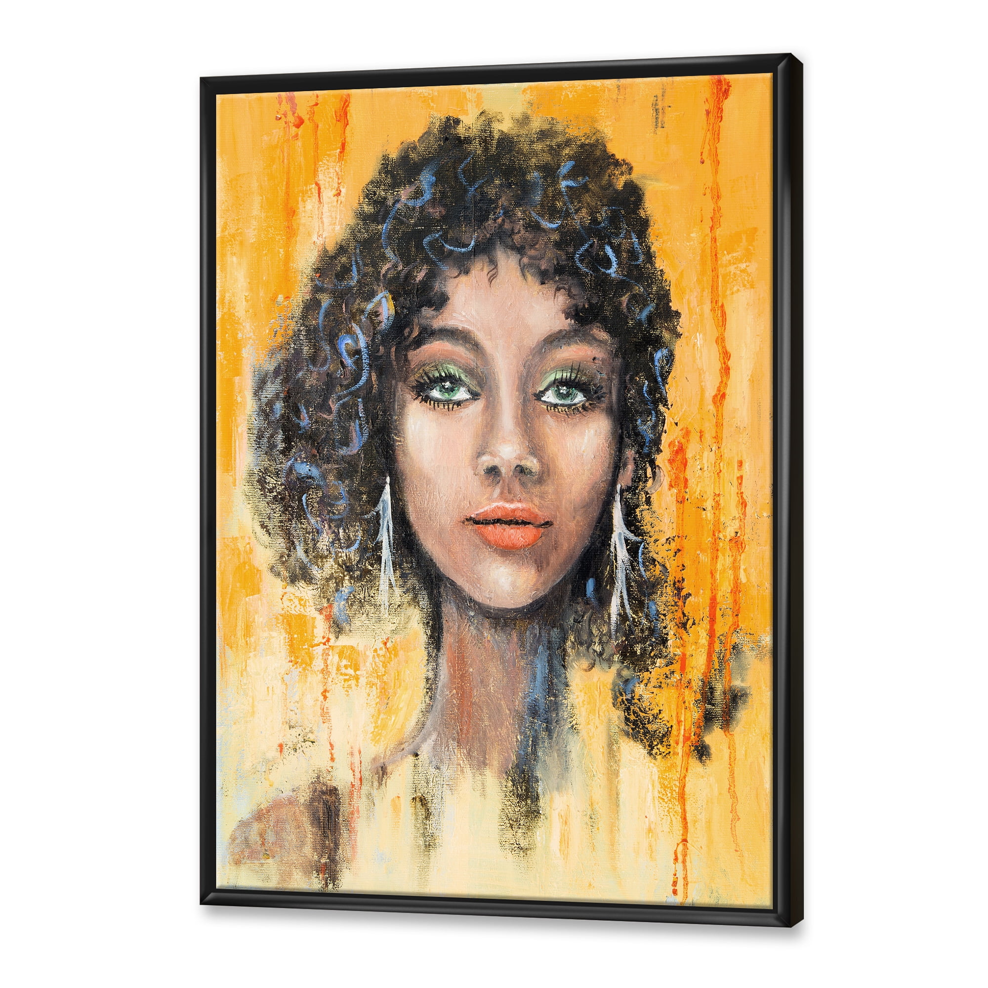 Designart 'Girl Face With Green Eyes & Black Hair Impression' Modern Framed Canvas Wall Art Print