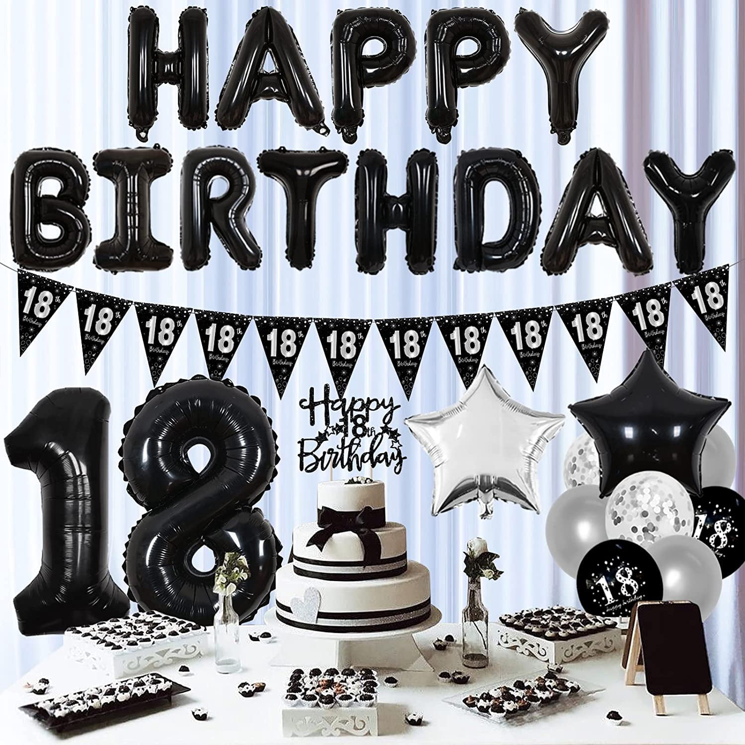 Birthday Balloons And Cake Black And White