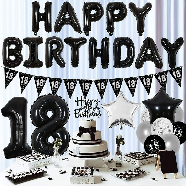 21st Birthday Party Pack Black & Silver Happy Birthday Bunting