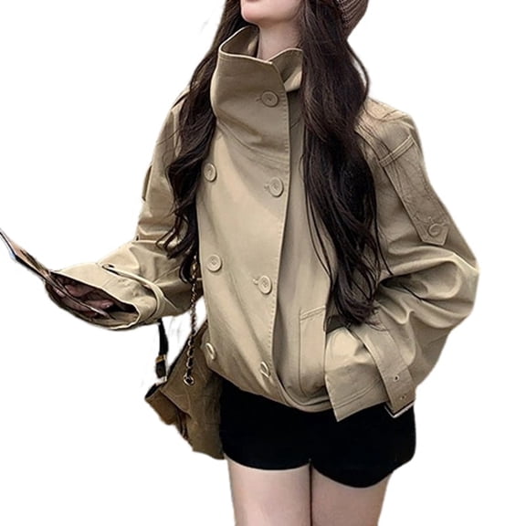 Women'S Cropped Trench Coat Double Breasted Short Jacket High Collar Spring Summer Coats Outfit Khaki M