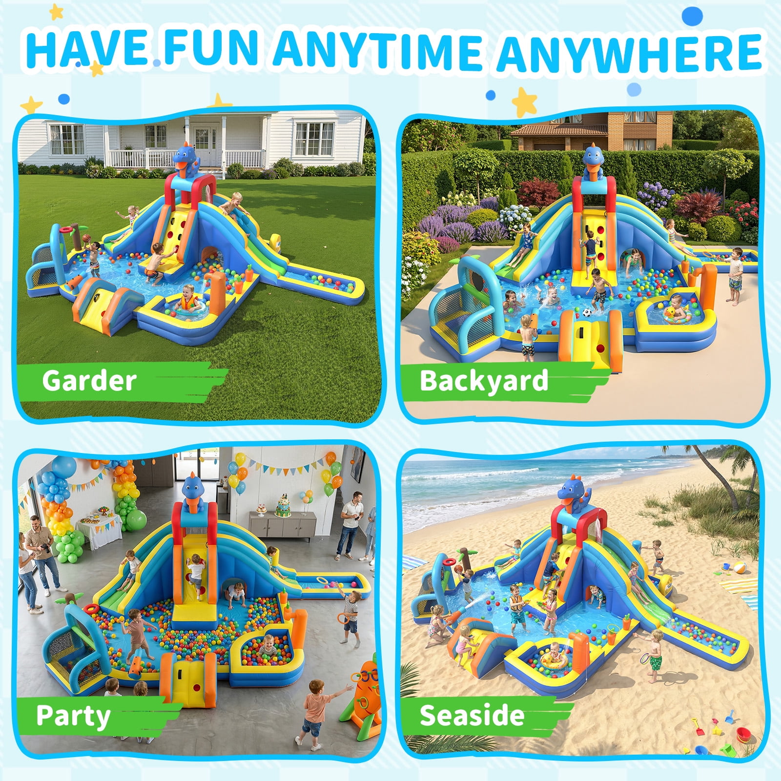 TULILLO 10 in 1 Inflatable Water Slide Kids Bounce House with Splash Pool & Water Gun & Basketball & Climbing Wall & Dual Pools & Soccer,750W Air Blower