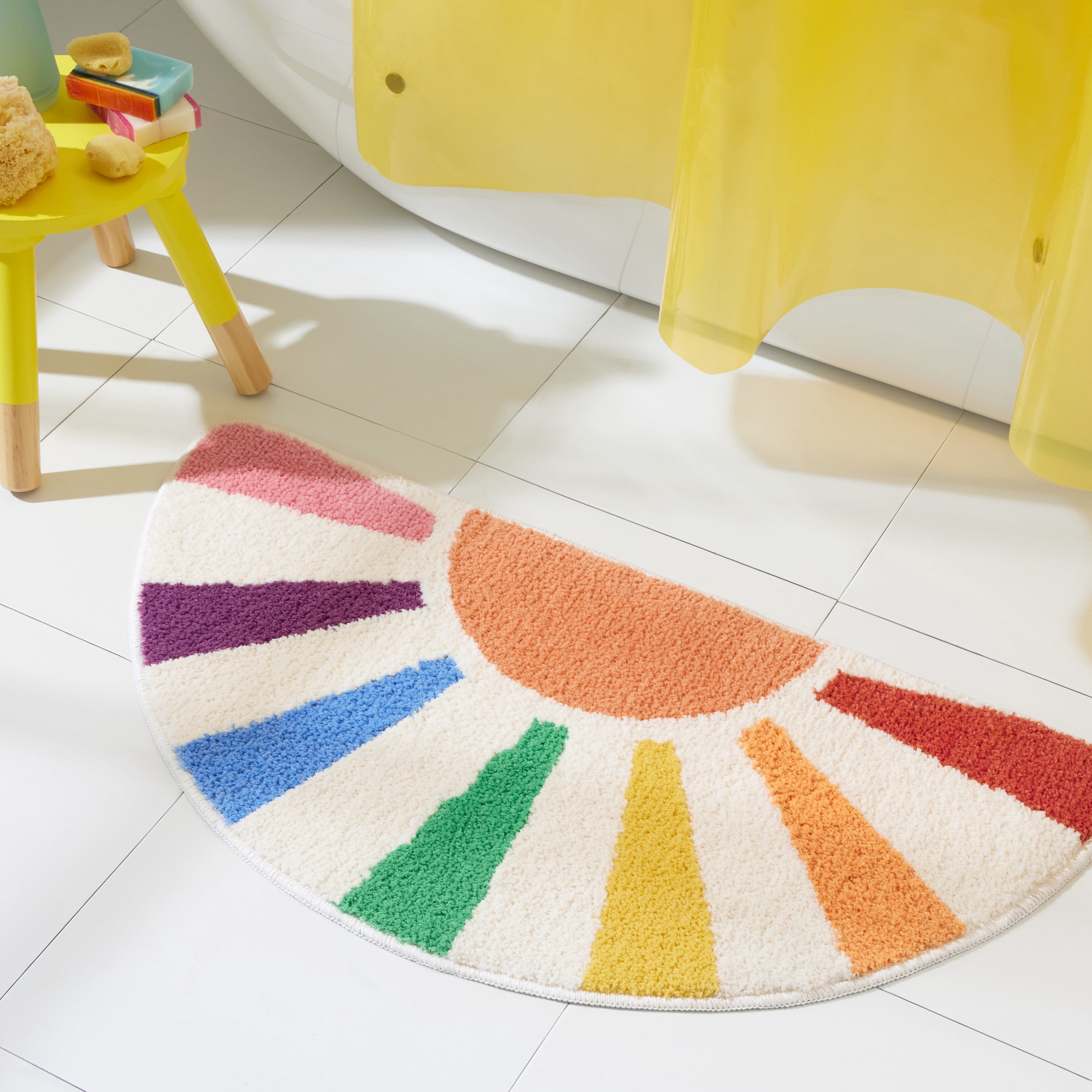 TOWN & COUNTRY PLAY Hello Sunshine Rainbow Sun Half Circle Shaped Bath Mat, Absorbent Tufted Floor Mat, Non-Slip Backing, Machine Washable, Multicolor, 32.7"x16.5"