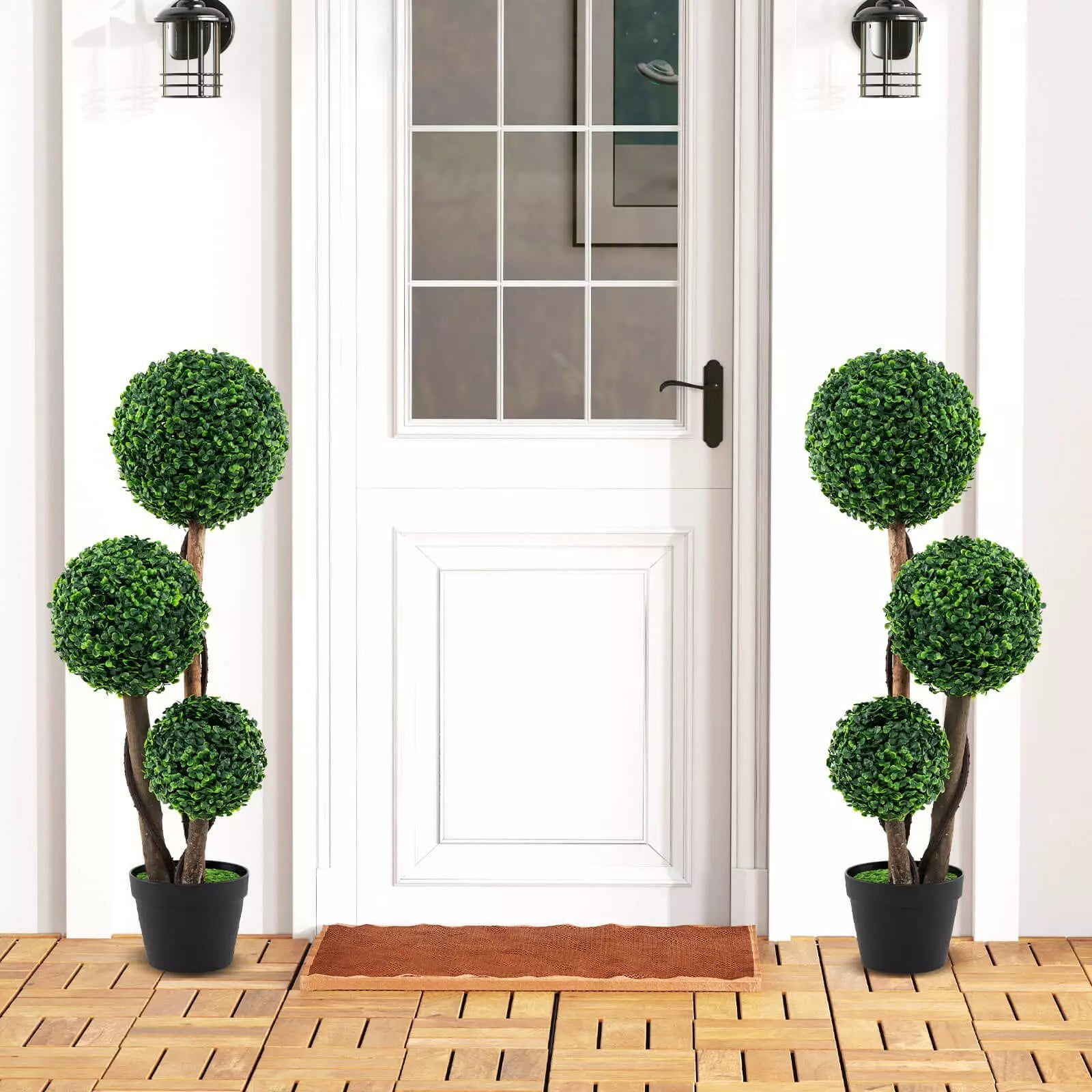 Harmijoy Artificial Boxwood Topiary Tree, 36" Faux Potted Plant w/3 Topiary Balls, Solid Wood Trunks, Mimic Rattans & Moss, Premium PE Leaves