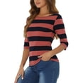 thumbnail image 4 of INSPIRE CHIC Women's Striped Shirts Slim Fit Elbow Sleeves Boat Neck T-Shirt S Hot Pink Navy, 4 of 6