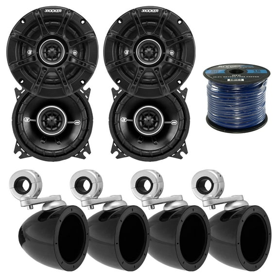 4x kicker 4" mini tower enclosure, 4x kicker 4" inch 2-way black car audio stereo coaxial speakers, enrock audio marine grade spool of 50 foot 16-gauge speaker wire