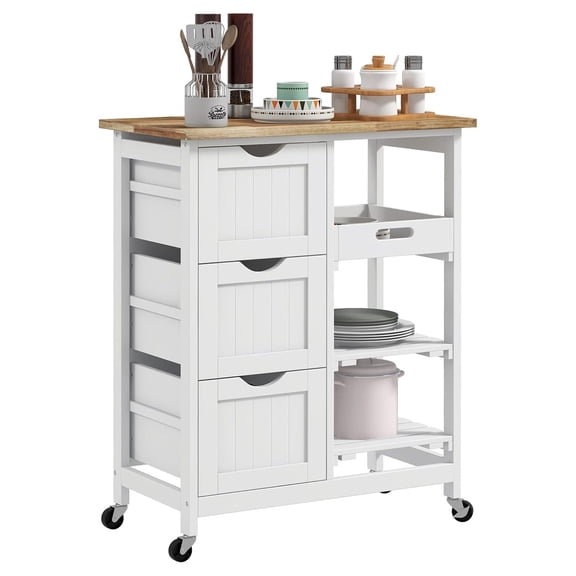 Kitchen Island Cart Wood Top, White - Rolling Shelves & Drawers