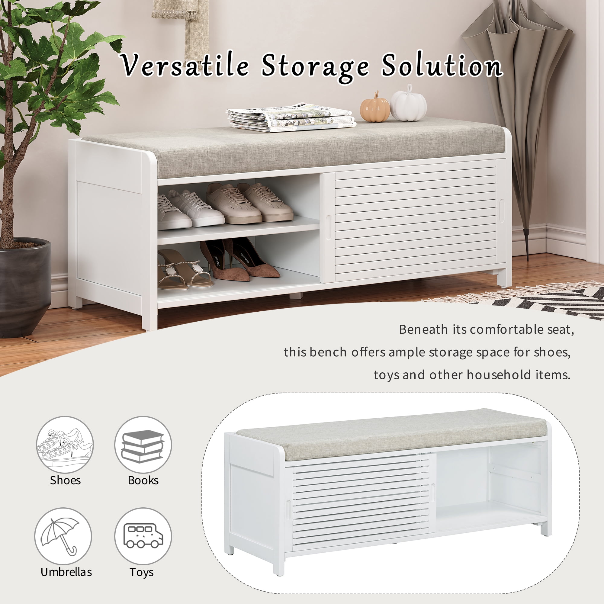 Euroco Shoe Bench with Storage and Cushion, Distressed Shutter Storage Bench with Retro Charm for Living Room, Entryway (White)
