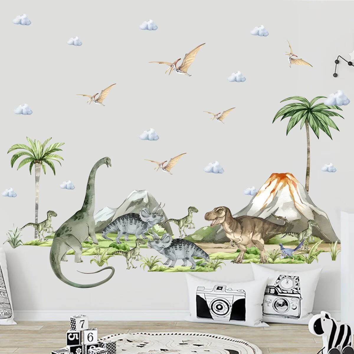 Large Dinosaurs Wall Decals Animal Dino Tropical Palm Tree Wall Stickers Dino Volcano Wall Stickers Boys Bedroom Playroom Baby Nursery Wall Decor