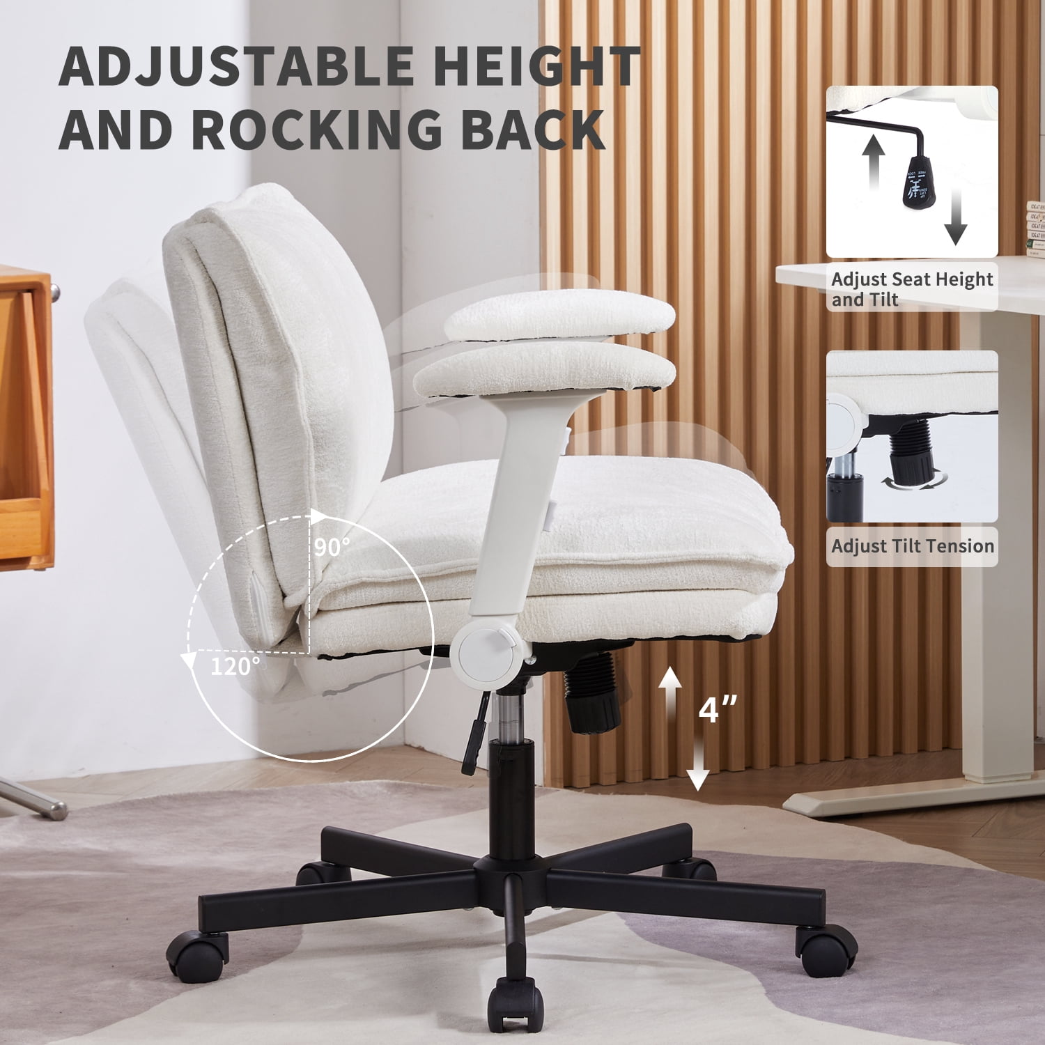 Criss Cross Chair with Wheels and Adjustable Flip-Arms, Cross Legged Office Chair with Thick Cushion, Wide Makeup Vanity Chair, Comfy Swivel Desk Chair for Home Office, Apartment, Bedroom, Beige