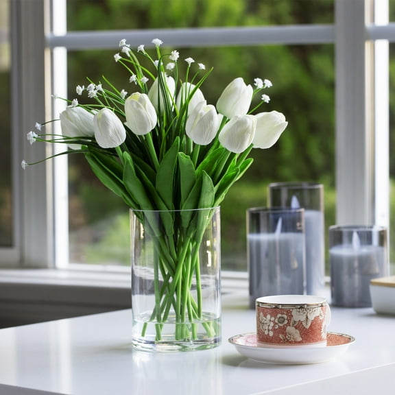 Enova Home 18 Heads Artificial Real Touch Tulip Arrangement in Clear Cylinder Glass Vase with Faux Water (White)