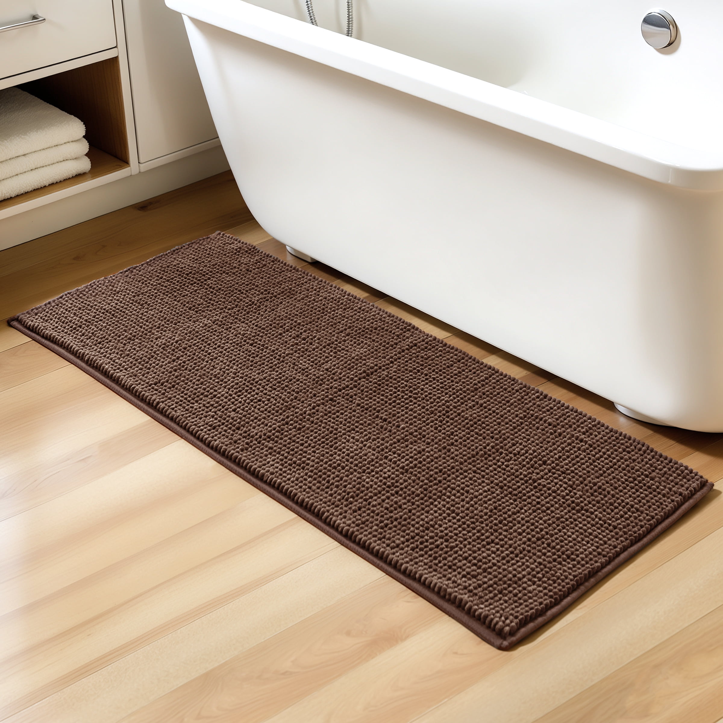 Subrtex Chenille Bathroom Rugs，Extra Soft and Non Slip Bath Mats Runner，Thick Rubber Backing Washable Shower Bathtub Rugs & Home Decor Accessories (Brown,24"*60")