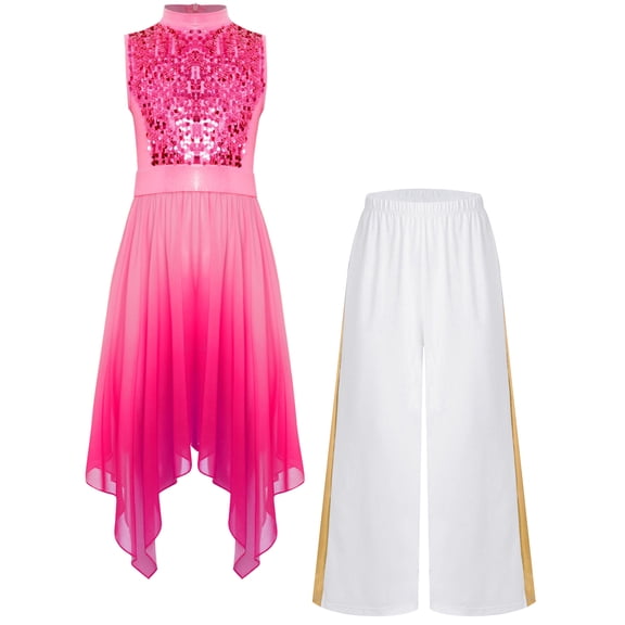 inlzdz Girls Praise Dance Dress Outfits Sequin Liturgical Worship Tunic Overlay with Wide Leg Pants Hot Pink 14
