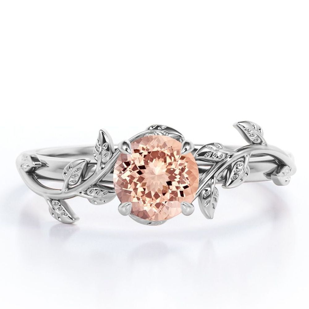 JeenMata 0.50 Carat Round Peach Pink Created Morganite Solitaire Engagement Ring - Nature Inspired Ring - Bohemian Ring - 18k White Gold over Silver