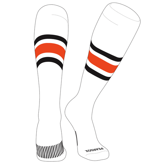 PEAR SOX Striped OTC Baseball, Softball, Football Socks (B) White, Black, Orange (XS)