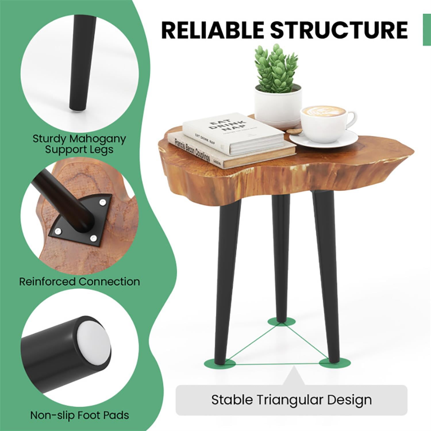 Demi Bonn Teak Wood Sofa Side Table, Outdoor Irregular End Table with Mahogany Tapered Legs for Small Spaces, Living Room, Bedroom, Brown