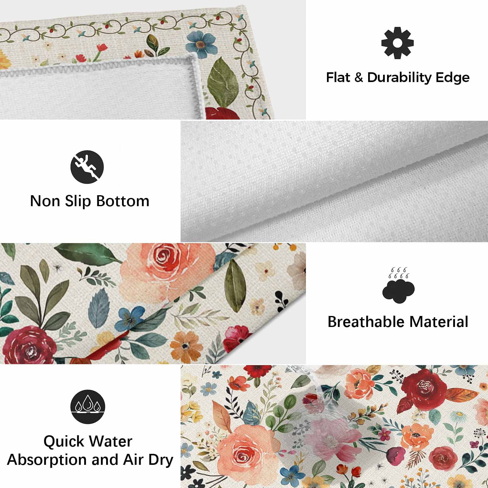 Watercolor Flowers Outdoor Rug 5x7 Ft, Non Slip Washable Area Rug, Rustic Spring Floral Botanical Beige Patio Rugs Carpet Runner, Large Floor Mat for Indoor/Outdoor Deck Porch Camping