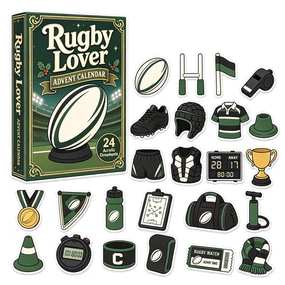 Christmas Rugby Lover Advent Calendar 2026, 24 Days Countdown Blind Box with 2D Acrylic Ornaments, Festive Holiday Surprise Decor for Tree & Home