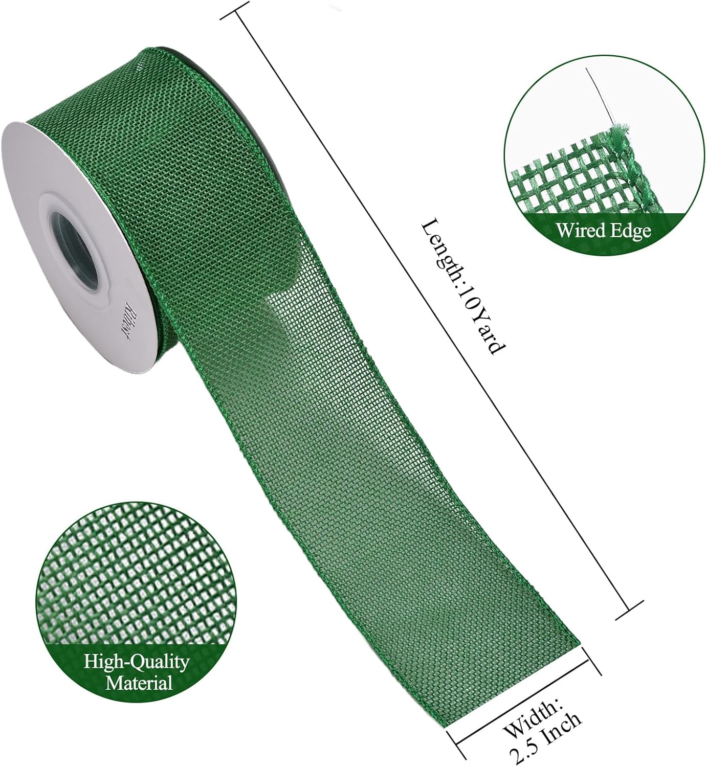 Burlap Green Wired Ribbon, 2 1/2 inch 10 Yard, Jute Ribbon for Decoration Bows Craft Gift Wrapping Wreath