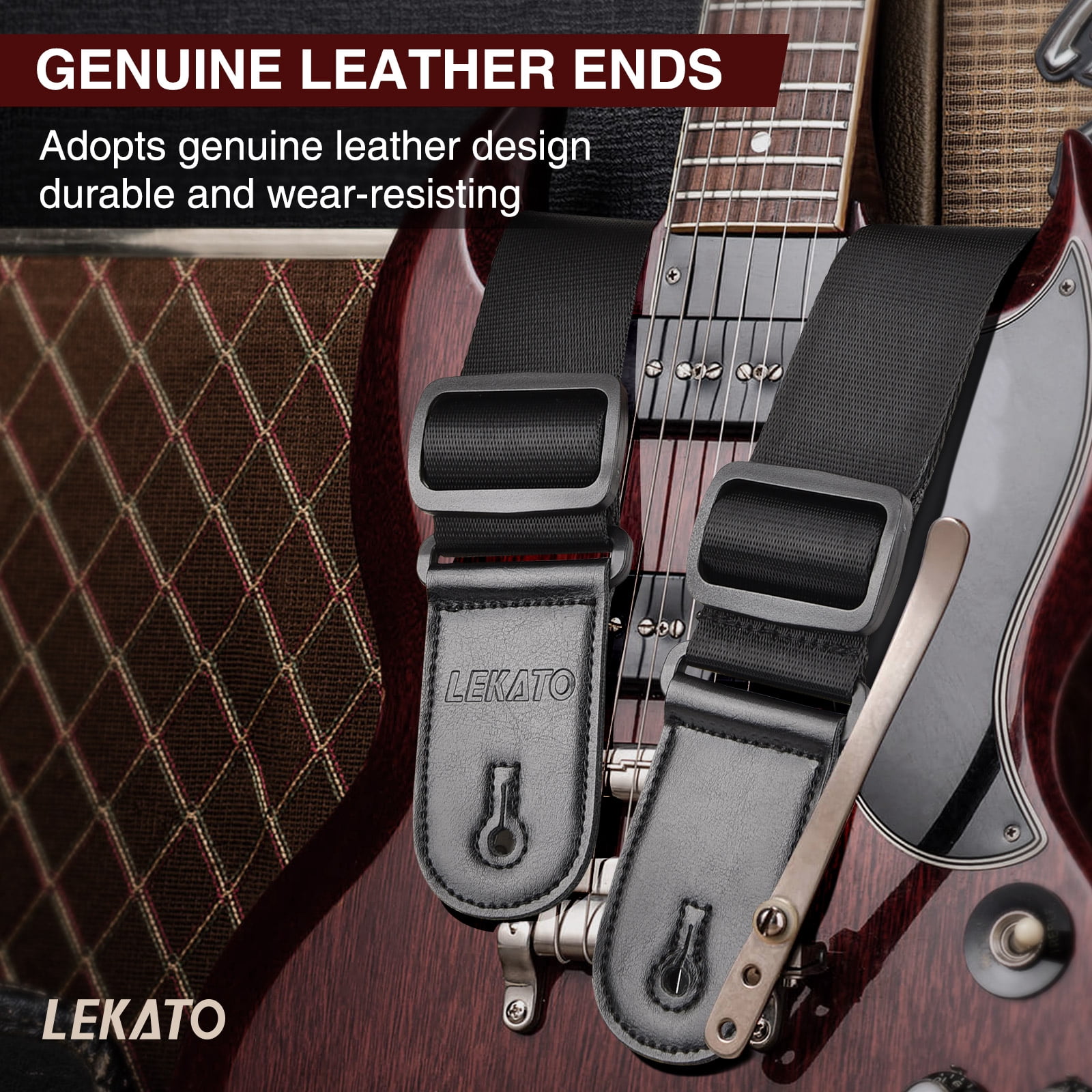 LEKATO Guitar Strap Bass Straps for Electric Guitar with 3.3" Wide Sponge Pad for Effective Decompression Padded Bass Guitar Straps Adjustable Length from 42" to 58" with 2 Safety Locks & 6 Picks