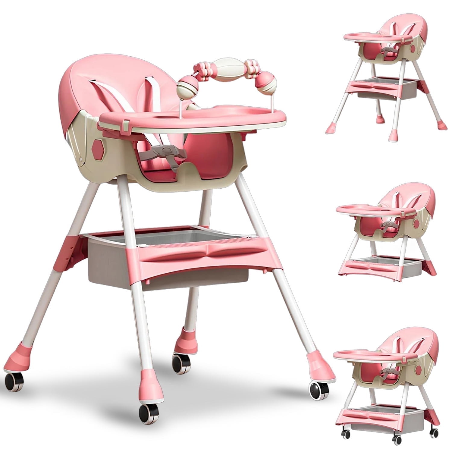 KFeng 4-in-1 Foldable Baby High Chair,Combines Play and Dining, Adjustable Dual-layer Tray and Backrest, Pink