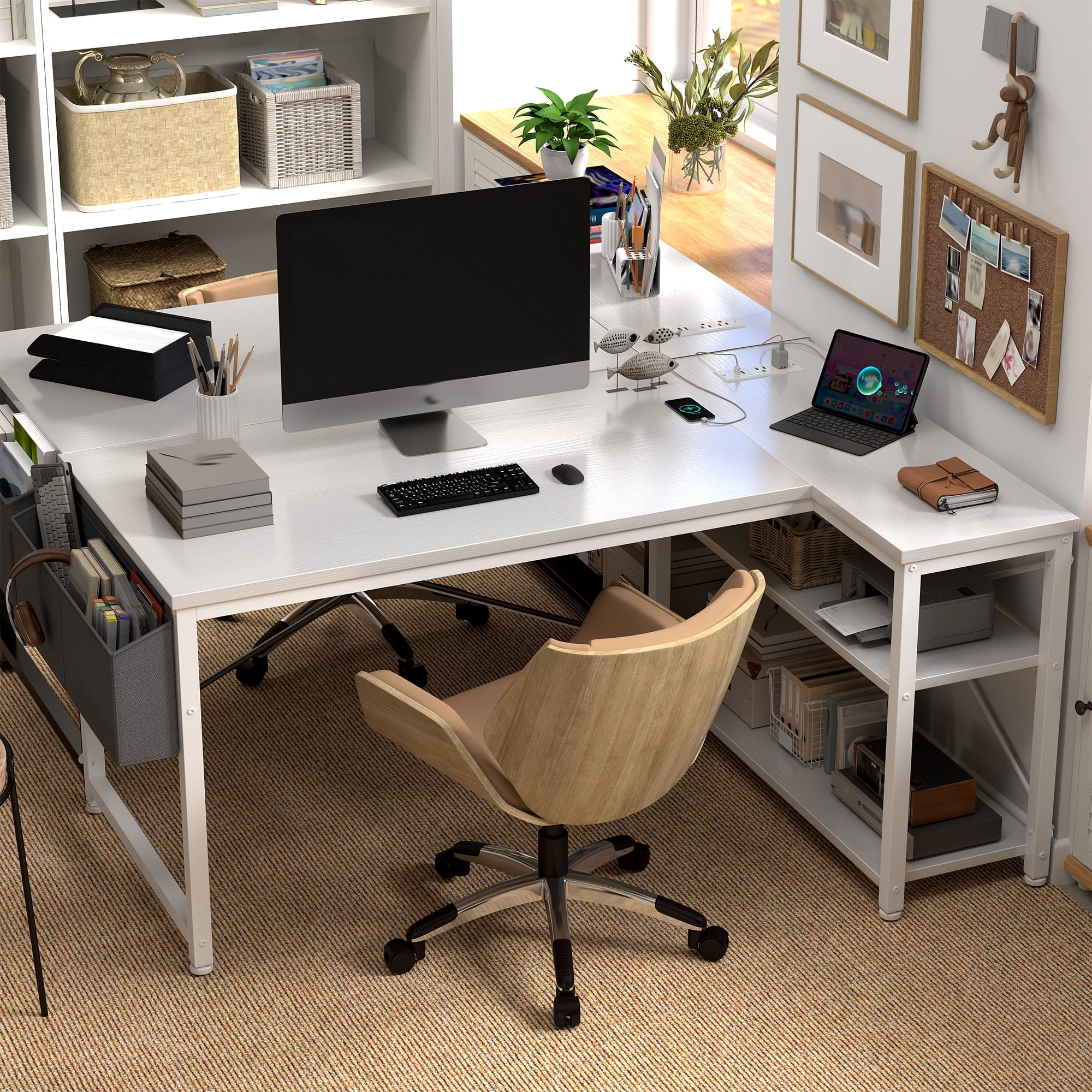 EnHomee L-Shaped Computer Desk with Charging Station, Small Desk with Storage Shelves for Gaming, Writing, White