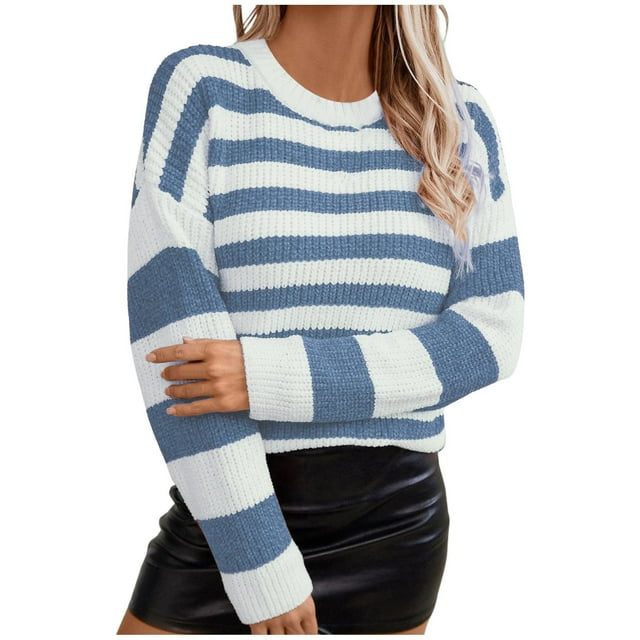 UJNDER Automne Hiver Décontracté Mode Chandail à Rayures à Blocs de Couleur pour Femmes Tenue Confortable Bleu m