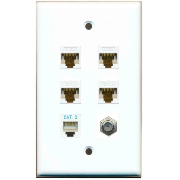 Ultra Spec Cables 1 Gang Flat 4 Cat6 Ethernet Coax Cable TV 1 Phone Coupler Jack Port Wall Plate