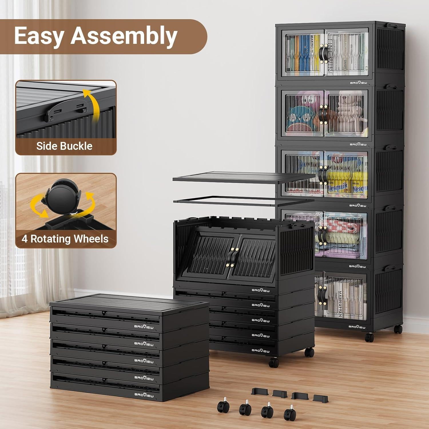 BROVIEW 80Gal Large Storage Bins with Lids, 360Qt Plastic Stackable Closet Organizer and Storage, Collapsible Storage Box with Wheels, Folding Storage Cabinet Containers for Home Office, 4Pack Black