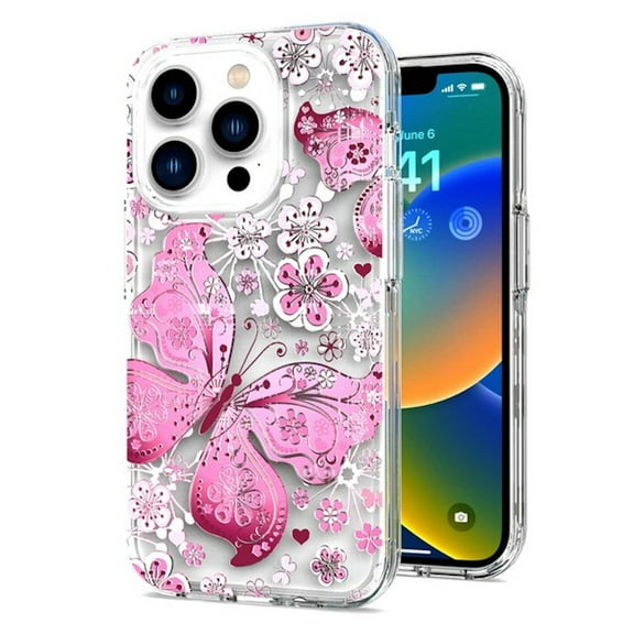 Butterfly Series Dual Layer Transparent Hybrid Case for iPhone 14 - Pink