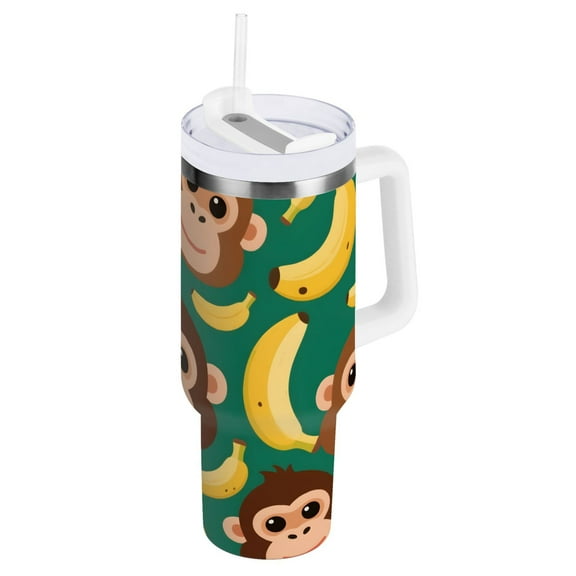 Ryvnso 40 oz Tumbler with Handle and Straw Cartoon Monkey Bananas Insulated Stainless Steel Travel Mug with Lid